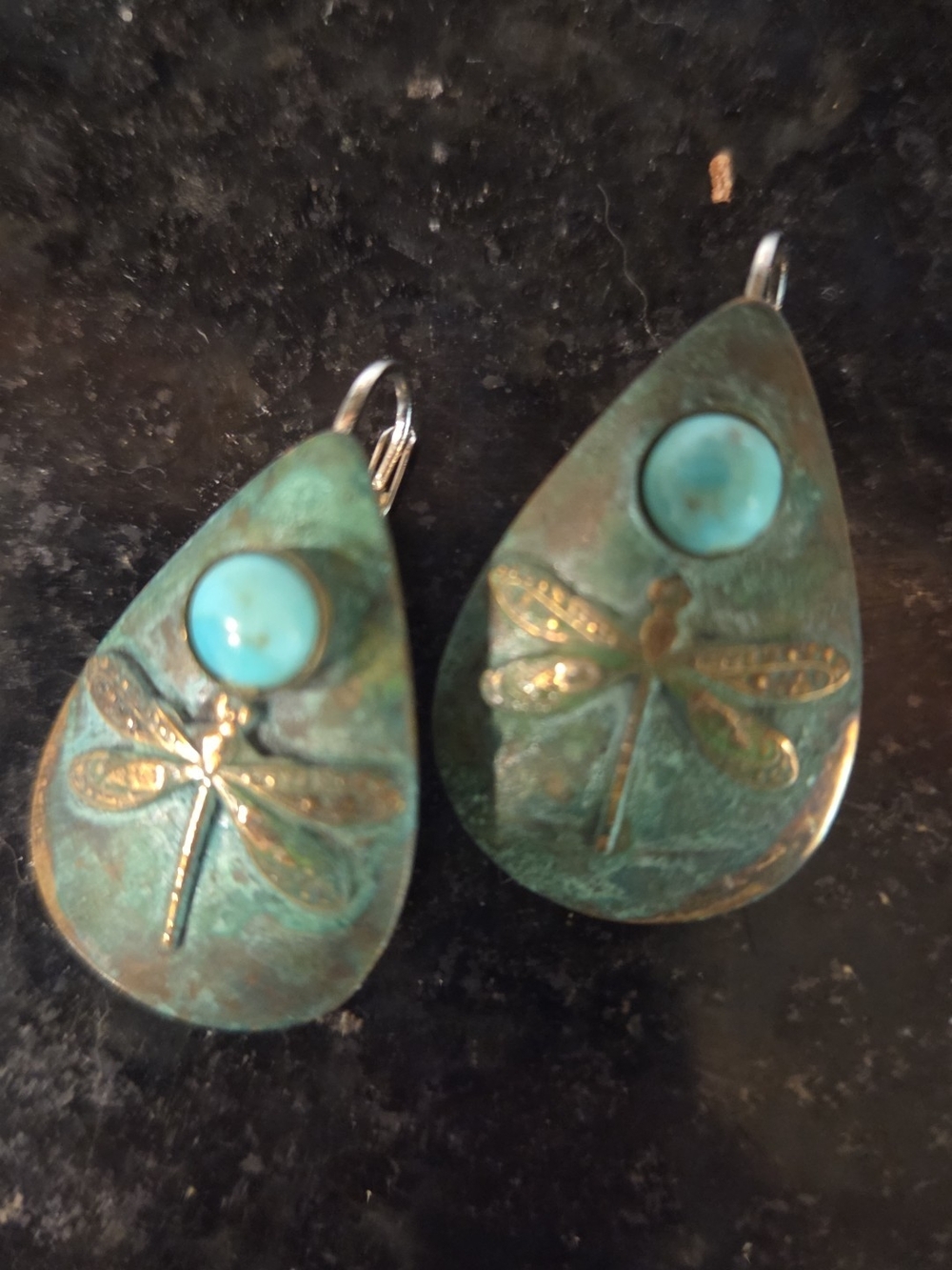 Turquoise Green-Blue Dragonfly Teardrop Earrings - Unbranded